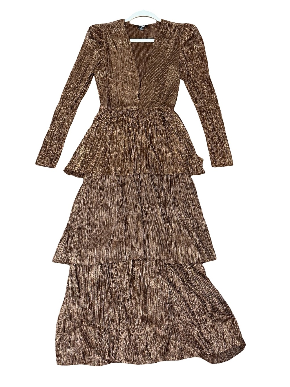 โจ Sabina Musayev Carry Metallic Pleated Tiered Maxi Dress Bronze Size Medium - Picture 5 of 16